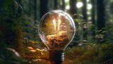 sztuka komputerowa pokazujaca zielona energie w naturze przez pryzmat żarówki.