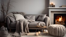 Interior Design Of Living Room With A Cozy Knitted Blanket On A Grey Sofa.