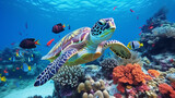 Fototapeta Do akwarium - coral reef with turtle and fish