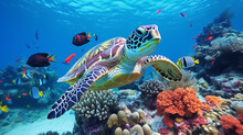 Coral Reef With Turtle And Fish