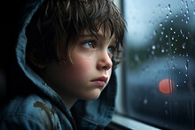 Young Abused Boy Crying At Window