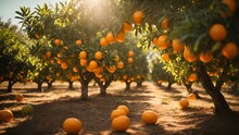 An Orange Grove With Lots Of Oranges Growing On The Trees In The Sunbeams Of The Sun Shining Through The Leaves Of The Tree. Ai Generated