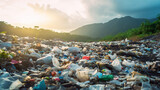 Fototapeta  - Plastic trash on the ground with mountains in the background at sunset