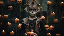 A Little Girl Dressed Up As A Skeleton Holding Pumpkins