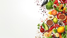Fruits And Vegetables Background. White Background. Copy Space.