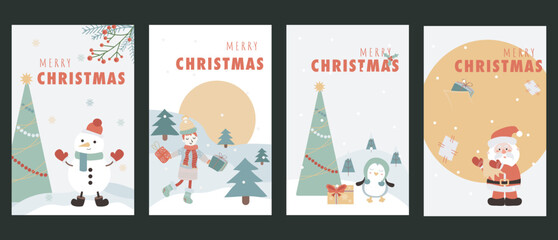 Poster - Christmas holiday cover brochure set in trendy flat design. Poster templates with festive fir tree with toys and snowman, woman holds gifts in forest, Santa Claus with big bag. Vector illustration.