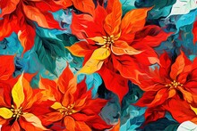 Abstract Poinsettia Flowers In Painted Seamless Repeatable Background Style