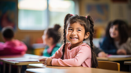 Sticker - Little student sits at his desk at school and smiles