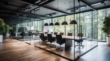 Office Space With A Glass Wall Partition.
