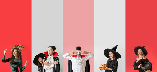 Poster - Set of people dressed for Halloween party on color background