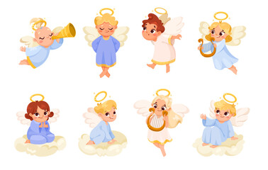 Poster - Cute Children Angels with Wings and Nimbus Vector Set