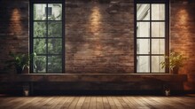 Spacious Floor To Ceiling Window On Concrete Wall With Wooden Sill. Stylish Loft Industrial Interior With Brick And Dark Background. Ideal For Adding Text.