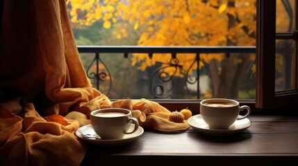 Two cups of coffee sit on a window sill