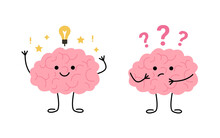Brain Think, Light Bulb As Idea And Doubt Over Question, Cute Child Character. Happy Brain Learn And Finds Solution. Confused Brain, Seek Answer. Vector