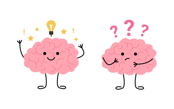 Brain think, light bulb as idea and doubt over question, cute child character. Happy brain learn and finds solution. Confused brain, seek answer. Vector