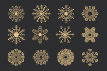 Set Golden Snowflake Crystal Elegant Line Christmas Decoration On Dark Background, Collection Winter Ornament Frozen Element.