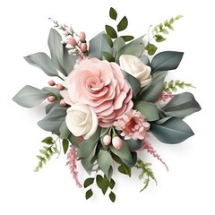 Canvas Print - Blossoming flower bouquet of roses and euca isolated.