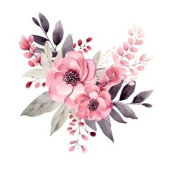 Poster - Watercolors pink flower bouquets leaf branches isolated