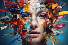 Abstract Colorful Graphic Collage Human Portraits, Psychology, Stress, Schizophrenia Illustration