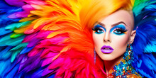 Drag Queen Person Wearing Heavy Extravagant Makeup And Rainbow Dress. Proud Expression. Wide Banner With Copy Space On Side. Generative AI