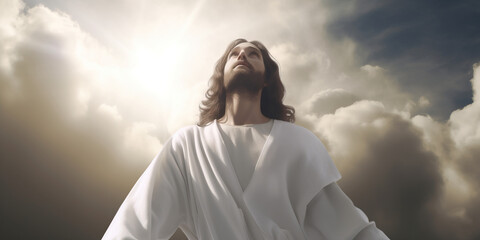 Wall Mural - Jesus Christ son of god on a rock in robes looking up to heaven kingdom above with clouds and light