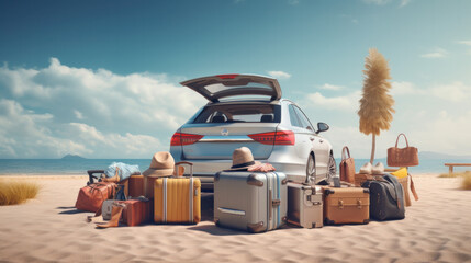 Suitcases and bags in trunk of car ready to depart for holidays. Moving boxes and suitcases in trunk of car, outdoors. trip, travel, sea. car on the beach with sea on background.