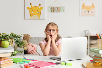 Canvas Print - Shocked little girl doing lessons at home