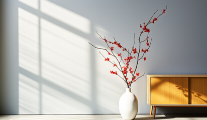 Wall Mural - Minimalist decor in white painted interior house, with small red detail. AI generated