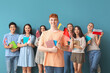 © Pixel-Shot - Young students of language school with flags on blue background