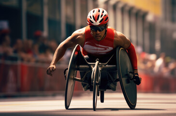 Wall Mural - A man in a wheelchair racing down a street. AI