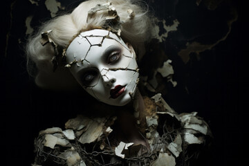 Broken cracked adult doll mannequin in style of dark baroque gothic