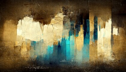 Generative AI, Blue, golden and black watercolor abstract painted background. Ink black street graffiti art on a textured paper vintage background, washes and brush strokes.	
