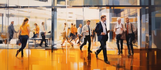 Canvas Print - A painting of people walking through an office building. AI