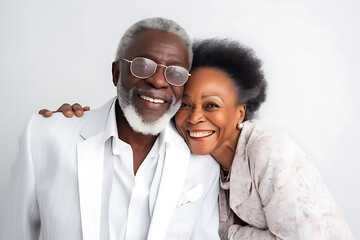 Beautiful fashionable elderly African American woman and man posing in trendy clothes on white background