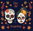 Dia de los Muertos, Day of the Dead celebration in Mexico with, featuring skull and colorful flowers and leaves. Vector design for posters, banners, and cards. Vector.