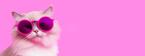 Beautiful white fluffy cat in purple glasses with a pink rim posing on a pink background