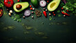 Mexican sauce ingredients: Peppers, avocado, onion, garlic, tomato, coriander. Green background. Created with ai generative technology