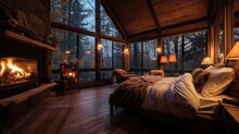 A Cozy Cabin Bedroom With A Fireplace And Snow Outside The Windows, White Bedding. Generative AI