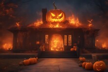 A Wooden House With A Huge Halloween Pumpkin On The Roof With A Scary Face On It Is Burning, Nighttime