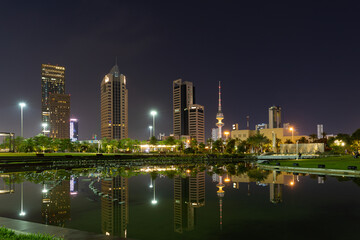 Beautiful Cityscape with Reflection of high raised building at Al-Shaheed Park at the centre of kuwait city