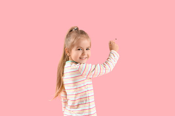 Sticker - Cute little girl with paint brush on pink background