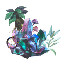 Watercolor Composition Semiprecious Of Blue And Purple Crystals, Fantasy Toxic Halloween Mushrooms And Fern. Hand Drawn Illustration Isolated On White Background.