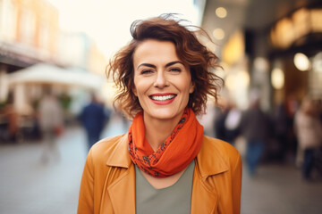 Portrait of a beautiful happy woman smiling to the camera outdoors. High quality photo