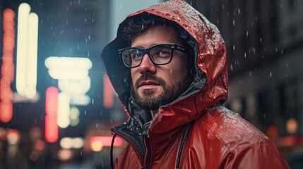 Canvas Print - A man in a red jacket and glasses standing in the rain. AI