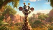 Wild animals cartoon collection on natural background, AI generated image