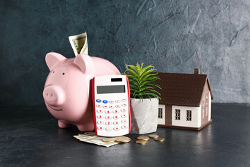 Poster - Calculator with piggy bank, house model, money and houseplant on black background