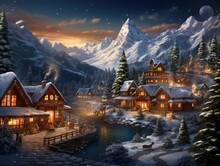 A Digital Illustration Of A Snowy Mountain Village At Night, With Small Wooden Houses, Christmas Decorations, And A Starry Sky.