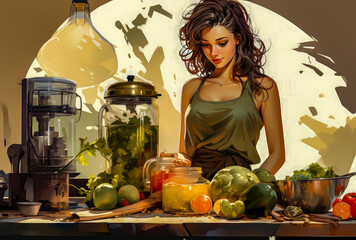 Wall Mural - woman is standing on a kitchen counter, watercolor style