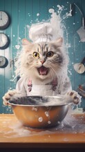 A Cat In A Chef"s Hat Is In A Mixing Bowl