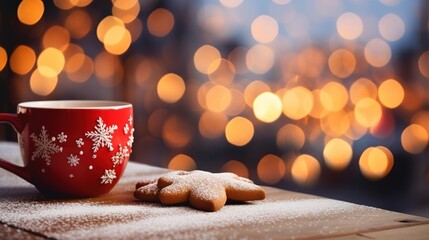 Merry Christmas and happy holidays, a cup of hot drink and cookies on the background of the lights of the Christmas market. AI design